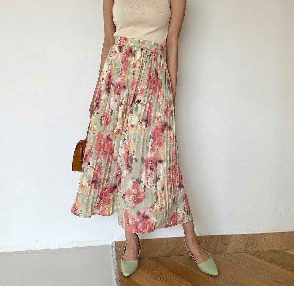 花柄プリーツイージースカート・全2色・b63525 レディース 【sk】 韓国 ファッション ボトムス スカート ロング ロングスカート 花柄 フラワー パターン フローラル フェミニン ゴム プリーツ 体型カバー 細身 カジュアル 上品 夏 春