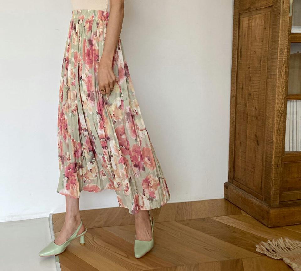 花柄プリーツイージースカート・全2色・b63525 レディース 【sk】 韓国 ファッション ボトムス スカート ロング ロングスカート 花柄 フラワー パターン フローラル フェミニン ゴム プリーツ 体型カバー 細身 カジュアル 上品 夏 春