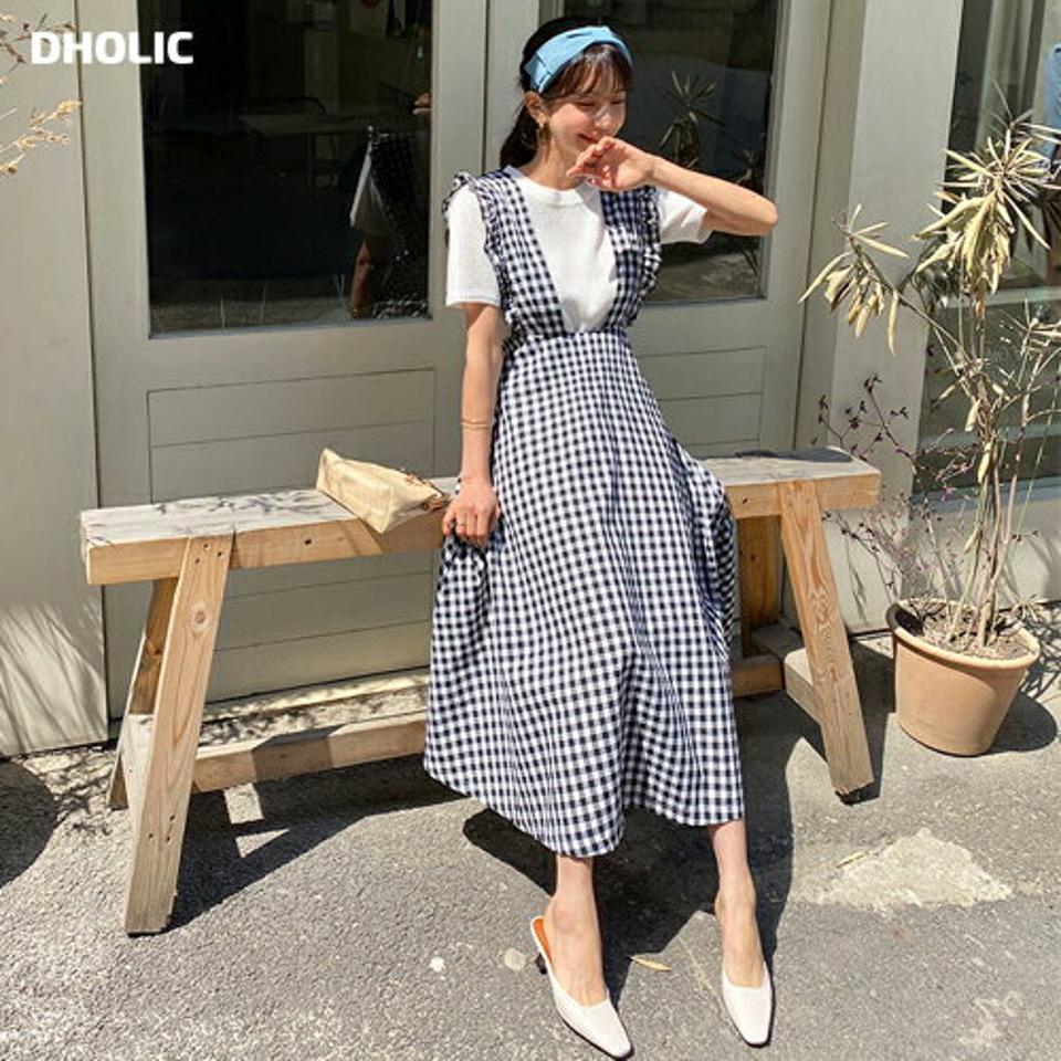 フリルチェックワンピース・全1色・b63515 レディース 【ops】 韓国 ファッション ワンピース ロング ロングワンピース チェック フリル フレア レイヤード風 ガーリー かわいい ノースリーブ スリーブレス 体型カバー 細身 夏 春