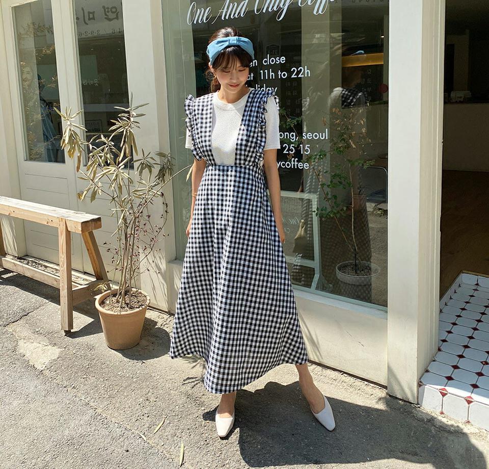 フリルチェックワンピース・全1色・b63515 レディース 【ops】 韓国 ファッション ワンピース ロング ロングワンピース チェック フリル フレア レイヤード風 ガーリー かわいい ノースリーブ スリーブレス 体型カバー 細身 夏 春