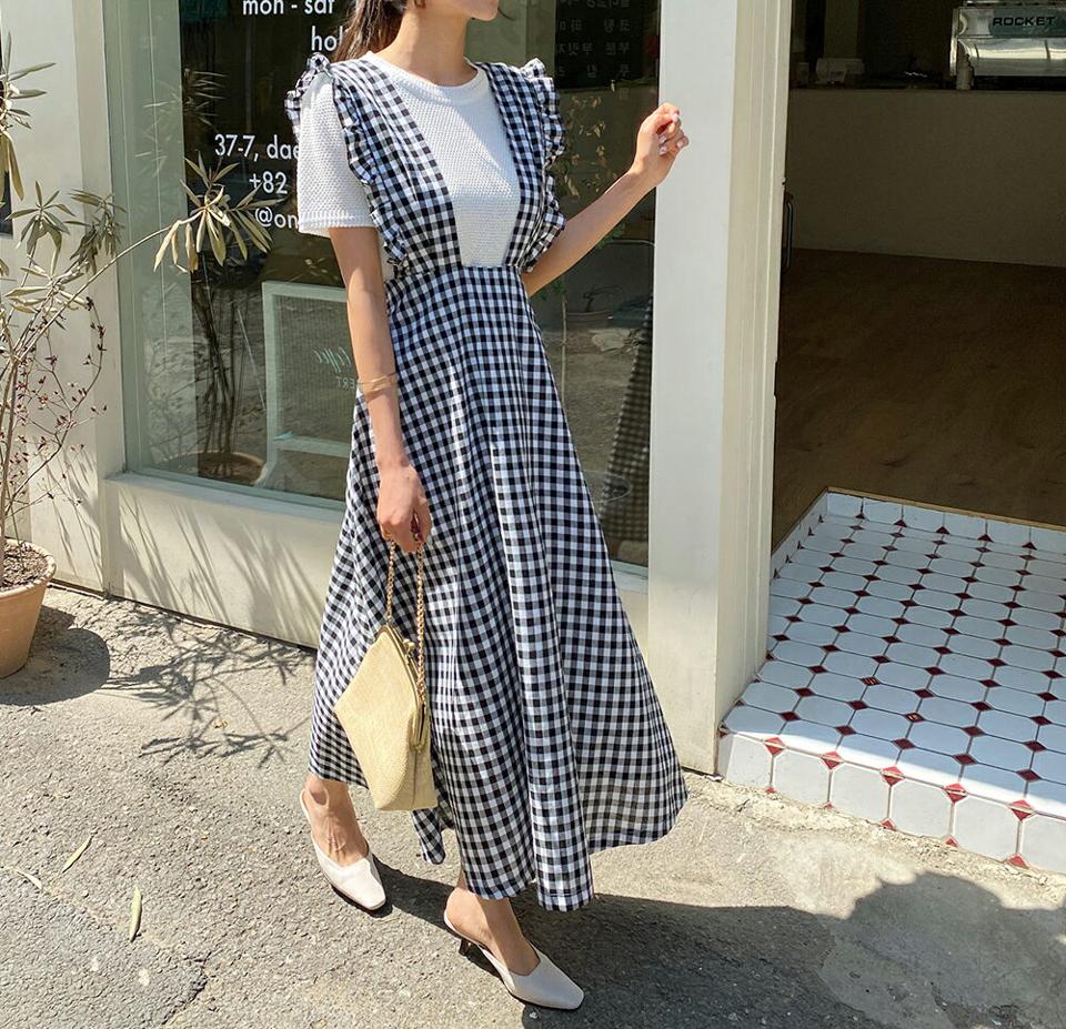 フリルチェックワンピース・全1色・b63515 レディース 【ops】 韓国 ファッション ワンピース ロング ロングワンピース チェック フリル フレア レイヤード風 ガーリー かわいい ノースリーブ スリーブレス 体型カバー 細身 夏 春