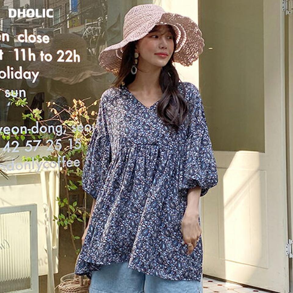 ペイズリーバルーンブラウス・全3色・b63509 レディース 【bl】【韓国 ファッション トップス ブラウス 長袖 ペイズリー パターン 7分丈 バルーンスリーブ Vネック ギャザー ボリューム フレアブラウス 体型カバー スリム ゆったり 夏 春】