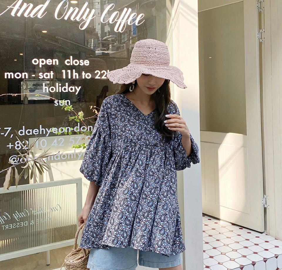 ペイズリーバルーンブラウス・全3色・b63509 レディース 【bl】【韓国 ファッション トップス ブラウス 長袖 ペイズリー パターン 7分丈 バルーンスリーブ Vネック ギャザー ボリューム フレアブラウス 体型カバー スリム ゆったり 夏 春】