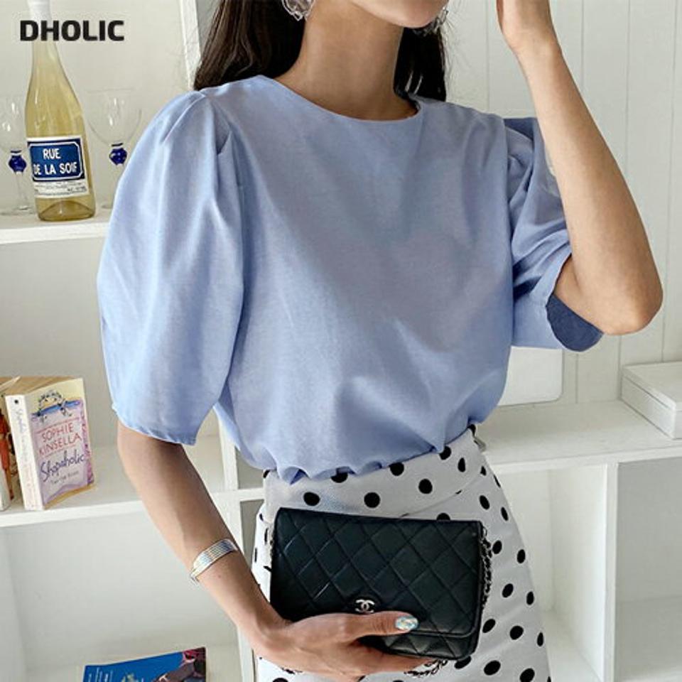 ≪人気商品再入荷≫パステルパフブラウス・全5色・t63506 レディース 【bl】韓国ファッション トップス ブラウス 半袖 ラウンドネック パフスリーブ リネン ボリューム 体型カバー スリム 細身 ゆったり 水色 無地 夏 春