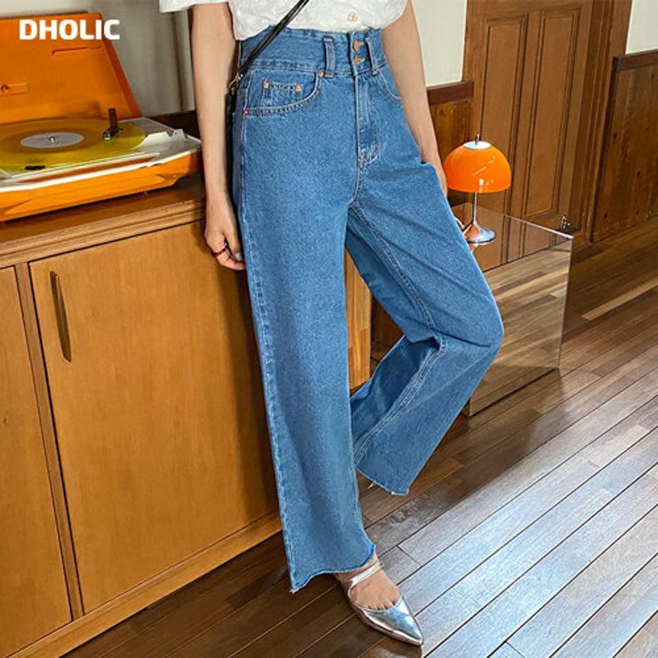 【只今10%OFF】ツーボタンデニムパンツ・全2色・t65285 レディース 【pt】【韓国 ファッション ボトムス ロング ロングパンツ ワイド ツーボタン デニム ストレート 美脚 10分丈 体型カーバー 細身 ハイウエスト 夏 春】