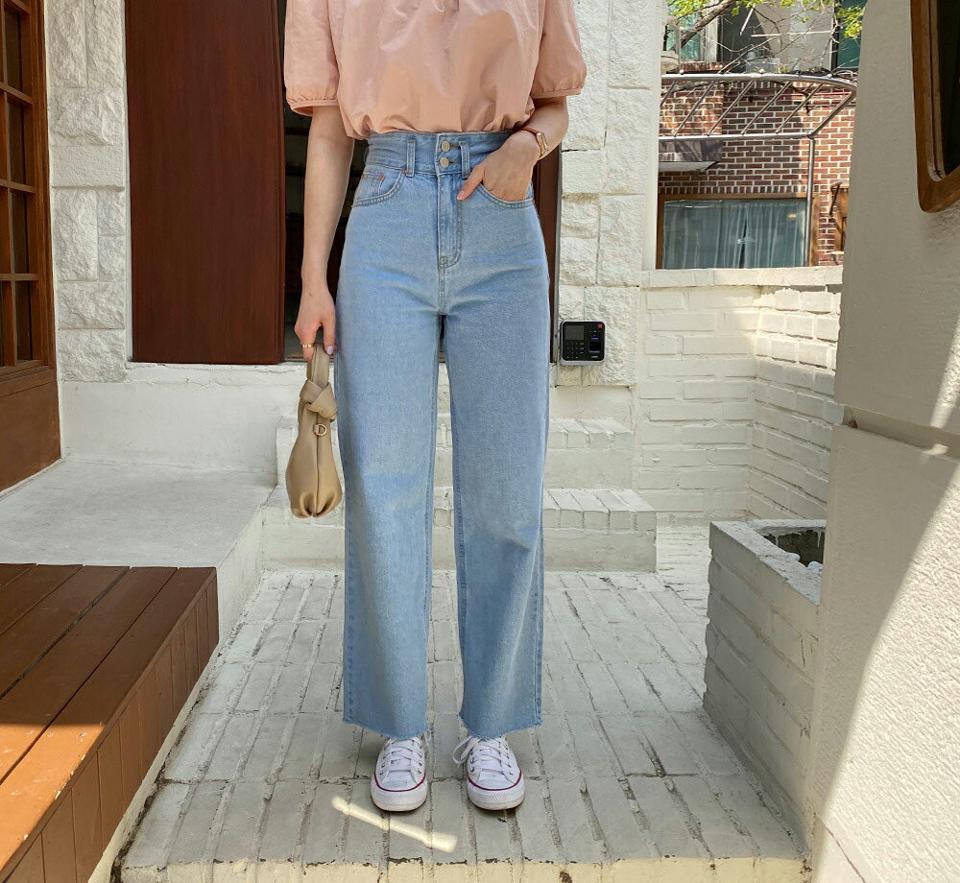 【只今10%OFF】ツーボタンデニムパンツ・全2色・t65285 レディース 【pt】【韓国 ファッション ボトムス ロング ロングパンツ ワイド ツーボタン デニム ストレート 美脚 10分丈 体型カーバー 細身 ハイウエスト 夏 春】