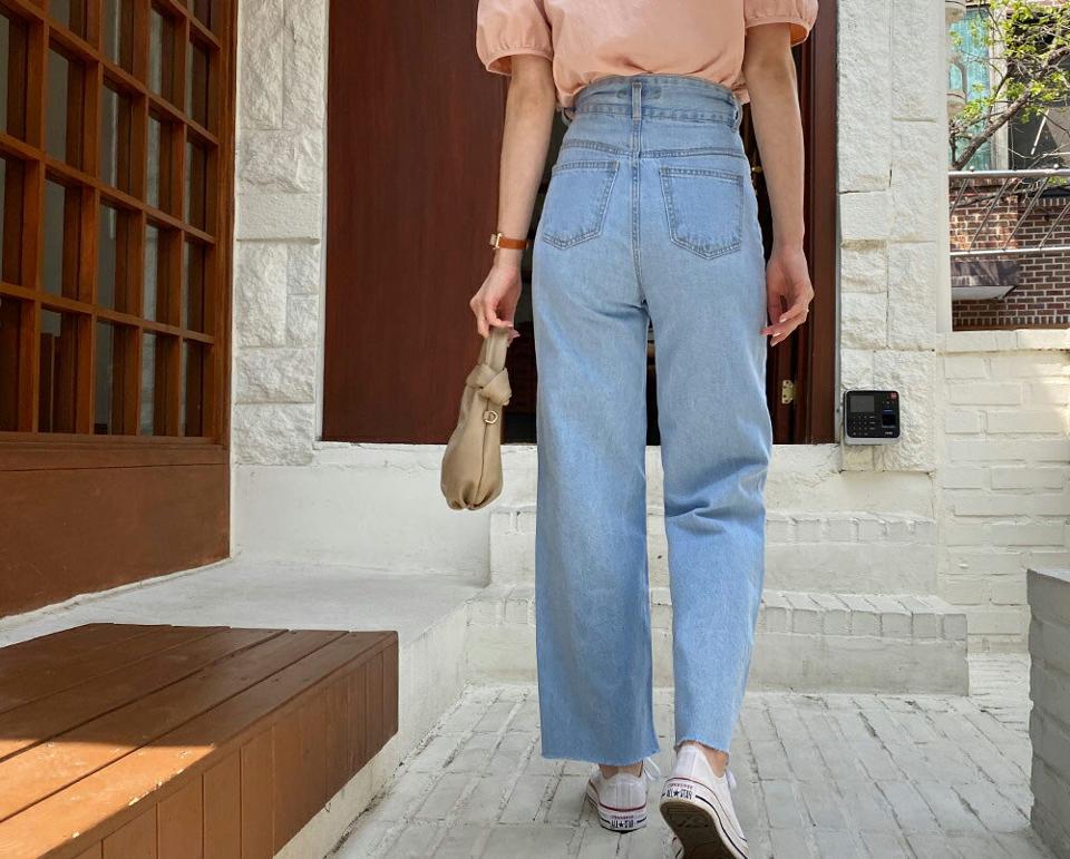 【只今10%OFF】ツーボタンデニムパンツ・全2色・t65285 レディース 【pt】【韓国 ファッション ボトムス ロング ロングパンツ ワイド ツーボタン デニム ストレート 美脚 10分丈 体型カーバー 細身 ハイウエスト 夏 春】