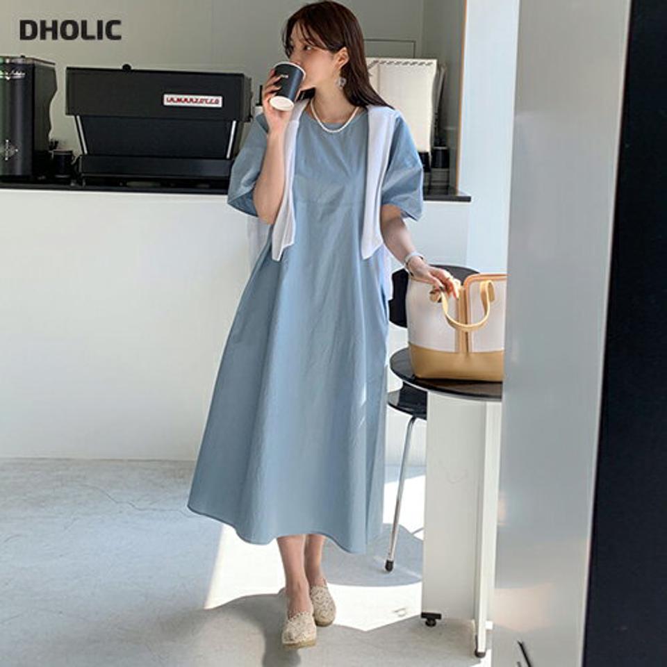 配色バルーンワンピース・全4色・b68187 レディース 【ops】【ワンピース ロング ロングワンピース 半袖 パフ袖 ハーフスリーブ バルーン 単色 無地 シンプル かわいい カジュアル 春 夏 韓国 ファッション】【ハイホリHIHOLLI】