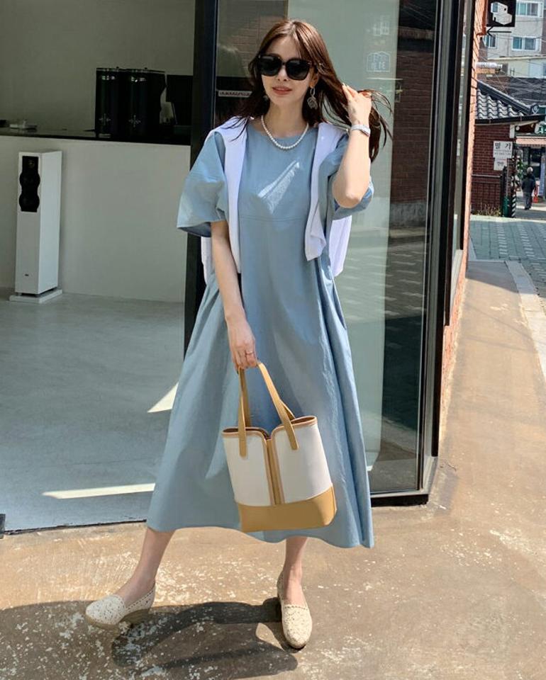 配色バルーンワンピース・全4色・b68187 レディース 【ops】【ワンピース ロング ロングワンピース 半袖 パフ袖 ハーフスリーブ バルーン 単色 無地 シンプル かわいい カジュアル 春 夏 韓国 ファッション】【ハイホリHIHOLLI】