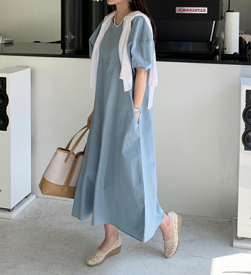 配色バルーンワンピース・全4色・b68187 レディース 【ops】【ワンピース ロング ロングワンピース 半袖 パフ袖 ハーフスリーブ バルーン 単色 無地 シンプル かわいい カジュアル 春 夏 韓国 ファッション】【ハイホリHIHOLLI】