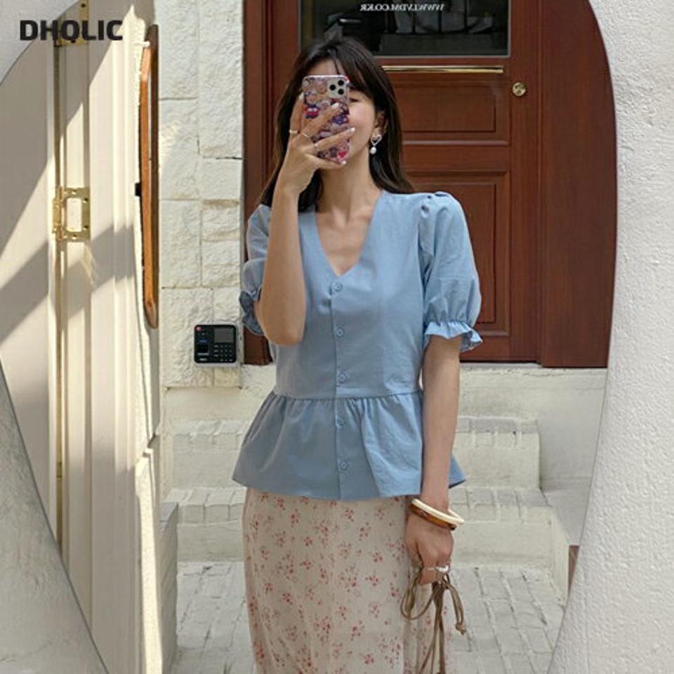 Vネックリボンブラウス・全4色・t65270 レディース 【bl】【韓国 ファッション トップス ブラウス 半袖 デコルテ ウエストマーク Vネック リボン フレア 体型カバー スリム フィット 夏 春】