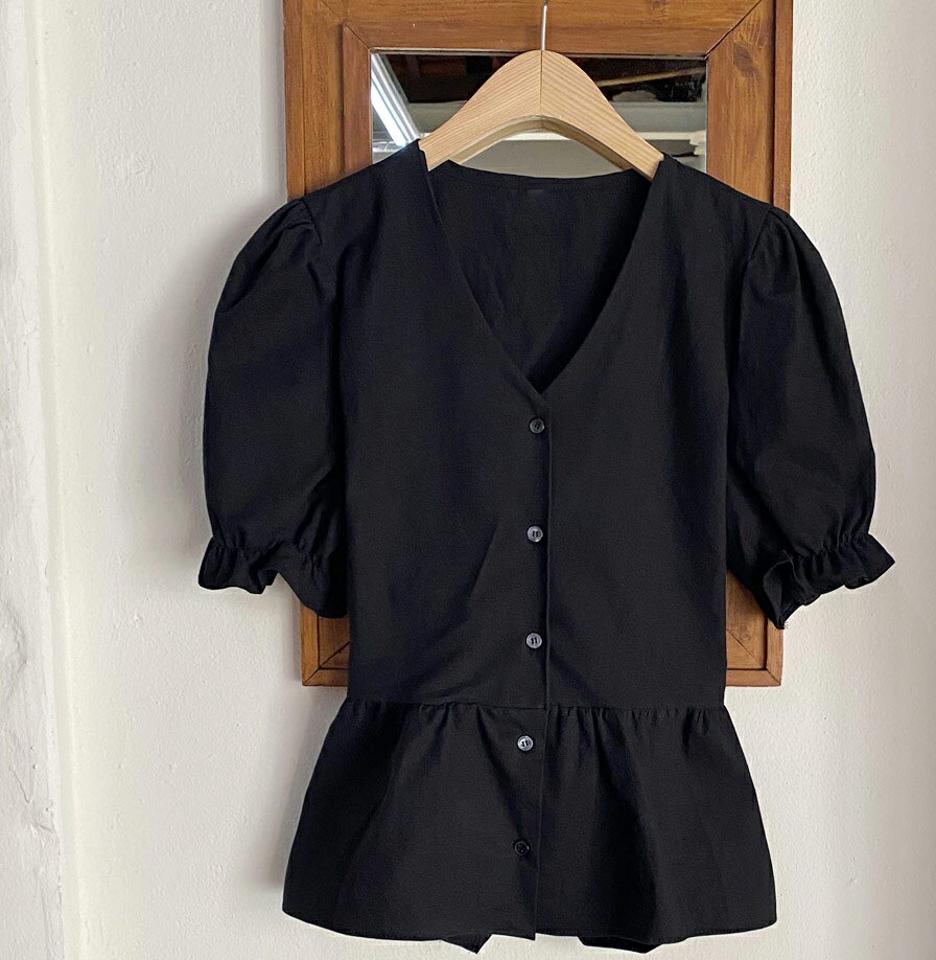 Vネックリボンブラウス・全4色・t65270 レディース 【bl】【韓国 ファッション トップス ブラウス 半袖 デコルテ ウエストマーク Vネック リボン フレア 体型カバー スリム フィット 夏 春】