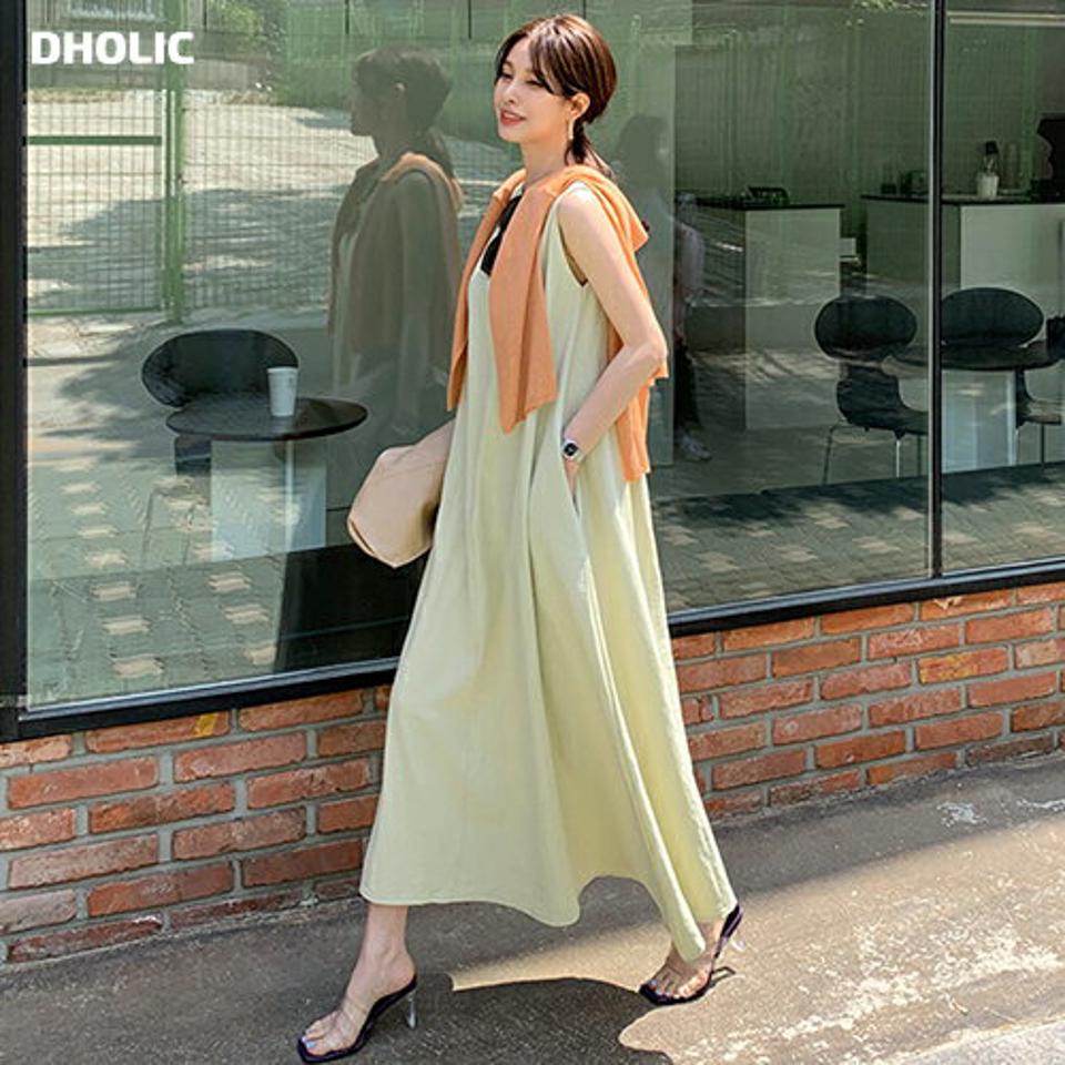 リネン混フレアワンピース・全3色・t68186 レディース 【ops】【ワンピース ロング ロングワンピース フレア リネン スリーブレス ノースリーブ 単色 無地 シンプル カジュアル ラフ 体型カバー 春 夏 韓国 ファッション】【ハイホリHIHOLLI】