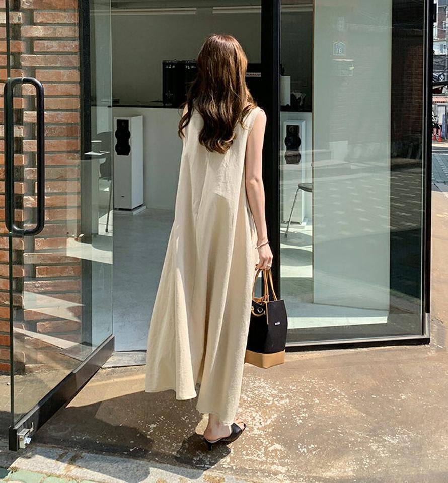 リネン混フレアワンピース・全3色・t68186 レディース 【ops】【ワンピース ロング ロングワンピース フレア リネン スリーブレス ノースリーブ 単色 無地 シンプル カジュアル ラフ 体型カバー 春 夏 韓国 ファッション】【ハイホリHIHOLLI】