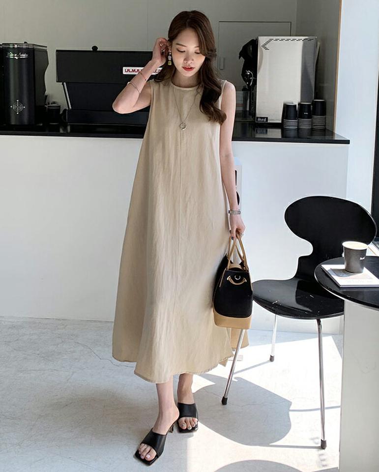 リネン混フレアワンピース・全3色・t68186 レディース 【ops】【ワンピース ロング ロングワンピース フレア リネン スリーブレス ノースリーブ 単色 無地 シンプル カジュアル ラフ 体型カバー 春 夏 韓国 ファッション】【ハイホリHIHOLLI】