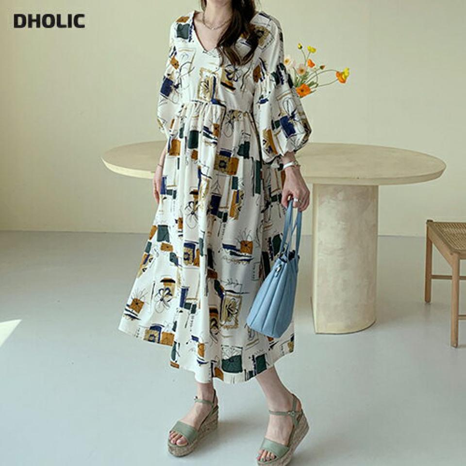 フラワーパターンVネックバルーンワンピース・全2色・b68188 レディース 【ops】【ワンピース ロング ロングワンピース Vネック バルーン 花柄 モダン 七分丈 七分袖 7分丈 7分袖 春 秋 韓国 ファッション】【ハイホリHIHOLLI】