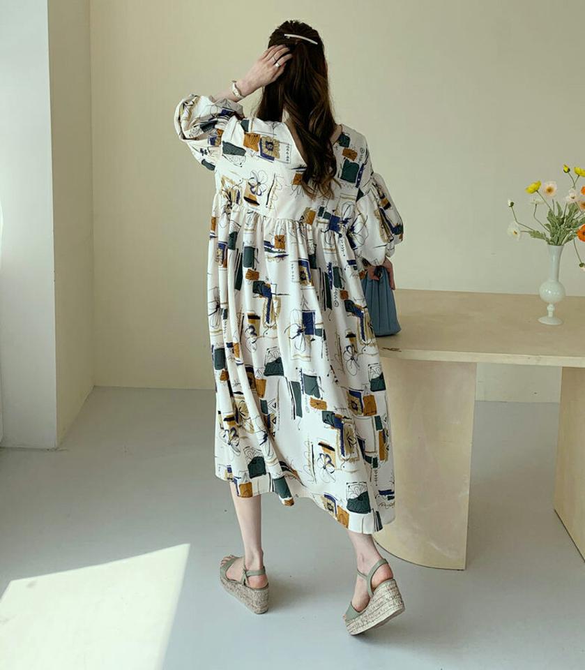 フラワーパターンVネックバルーンワンピース・全2色・b68188 レディース 【ops】【ワンピース ロング ロングワンピース Vネック バルーン 花柄 モダン 七分丈 七分袖 7分丈 7分袖 春 秋 韓国 ファッション】【ハイホリHIHOLLI】