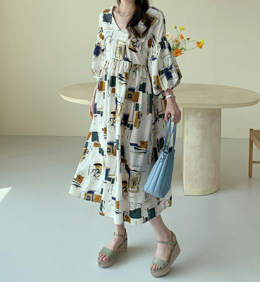 フラワーパターンVネックバルーンワンピース・全2色・b68188 レディース 【ops】【ワンピース ロング ロングワンピース Vネック バルーン 花柄 モダン 七分丈 七分袖 7分丈 7分袖 春 秋 韓国 ファッション】【ハイホリHIHOLLI】