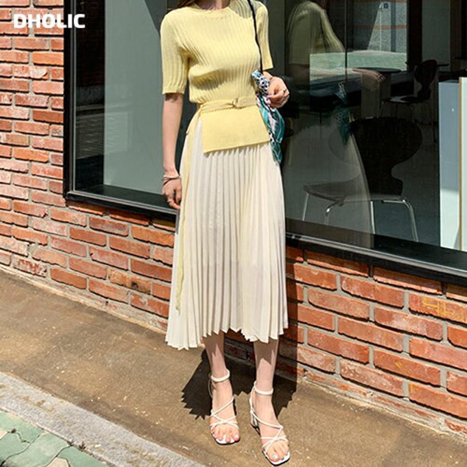 ベルト付リブニット&プリーツスカートSET・全2色・b68189 レディース 【sk】【セットアップ setup トップス 半袖 ニット ニットトップス リブ スカート ロング ロングスカート プリーツ フェミニン 春 夏 韓国 ファッション】【ハイホリHIHOLLI】