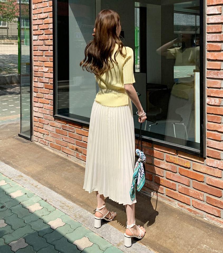 ベルト付リブニット&プリーツスカートSET・全2色・b68189 レディース 【sk】【セットアップ setup トップス 半袖 ニット ニットトップス リブ スカート ロング ロングスカート プリーツ フェミニン 春 夏 韓国 ファッション】【ハイホリHIHOLLI】