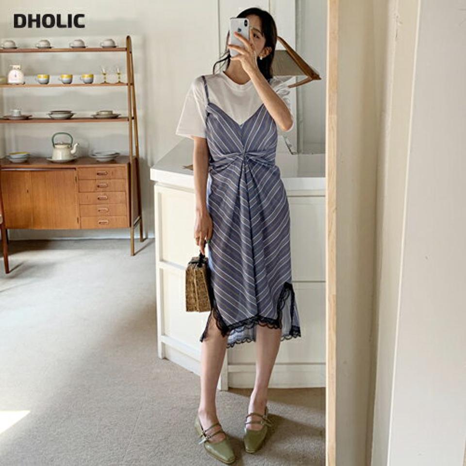 レースヘムストライプ半袖ワンピース・全2色・e65126 レディース 【ops】 韓国ファッション ワンピース ロングワンピース ストライプ ラウンドネック キャミワンピース レイヤード風 ノースリーブ スリーブレス 夏 春