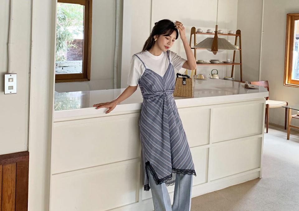 レースヘムストライプ半袖ワンピース・全2色・e65126 レディース 【ops】 韓国ファッション ワンピース ロングワンピース ストライプ ラウンドネック キャミワンピース レイヤード風 ノースリーブ スリーブレス 夏 春