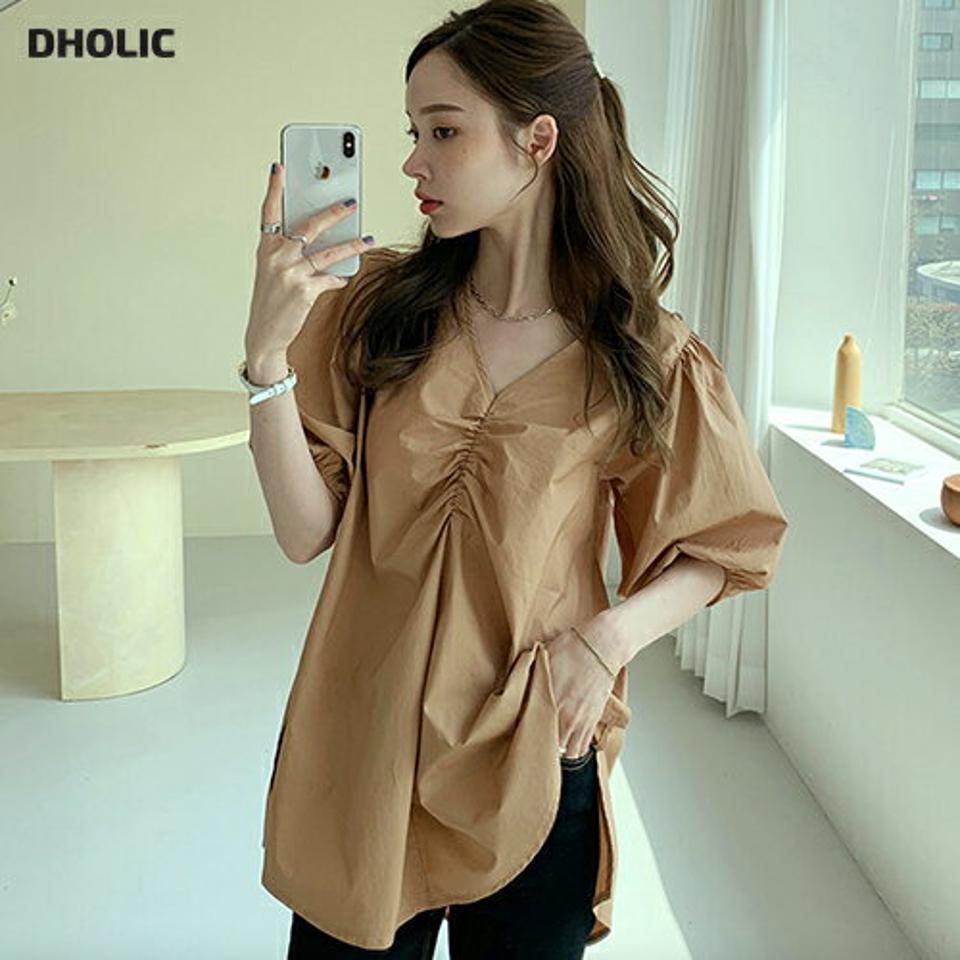 Vネックギャザーブラウス・全4色・b68185 レディース 【bl】【トップス ブラウス 半袖 ハーフスリーブ ギャザー Vネック 単色 可愛い かわいい ガーリー 春 夏 韓国 ファッション】【ハイホリHIHOLLI】