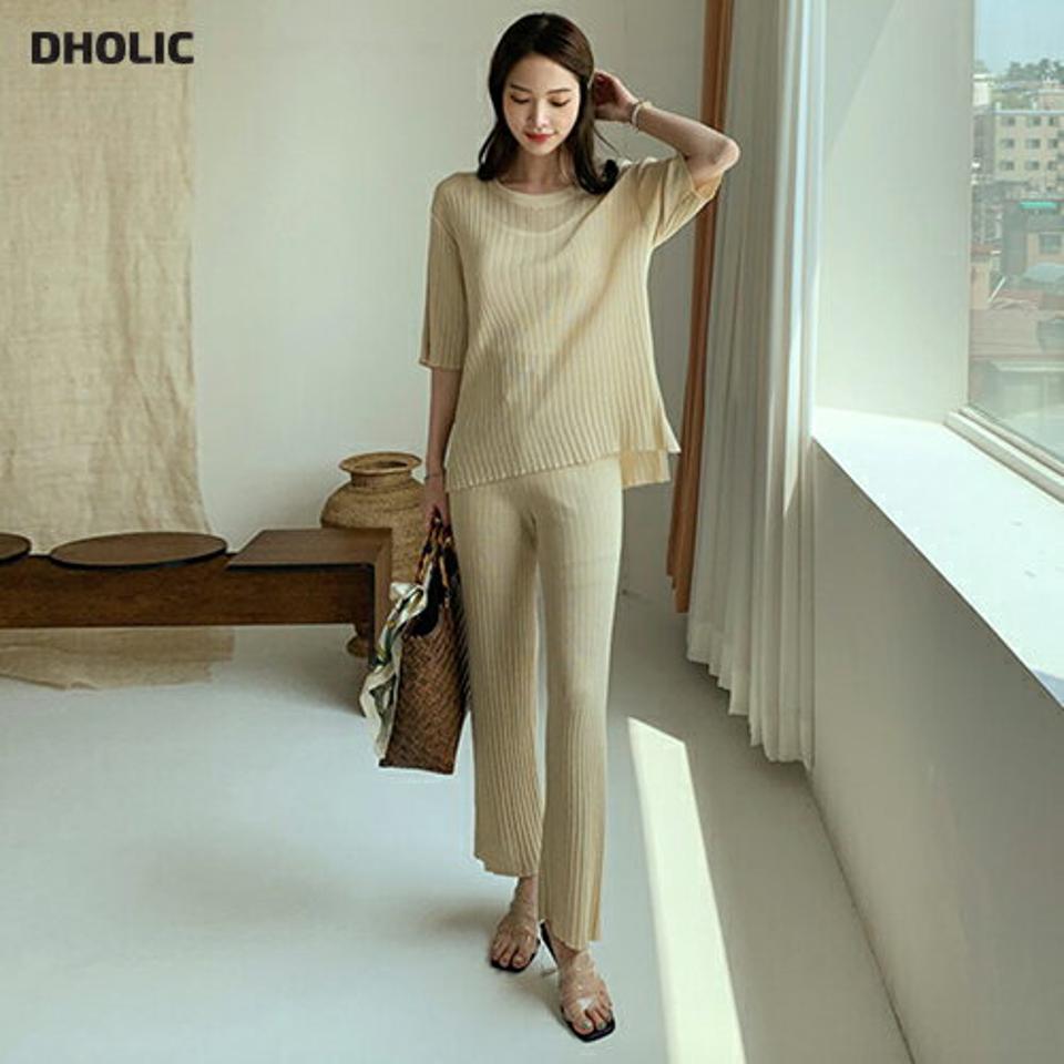 アンバランスリブニット&パンツSET・全2色・e00328 レディース 【pt】 セットアップ setup トップス 半袖 ハーフスリーブ パンツ ズボン アンバランス 単色 シンプル カジュアル ラフ 春 夏 韓国ファッション ハイホリHIHOLLI