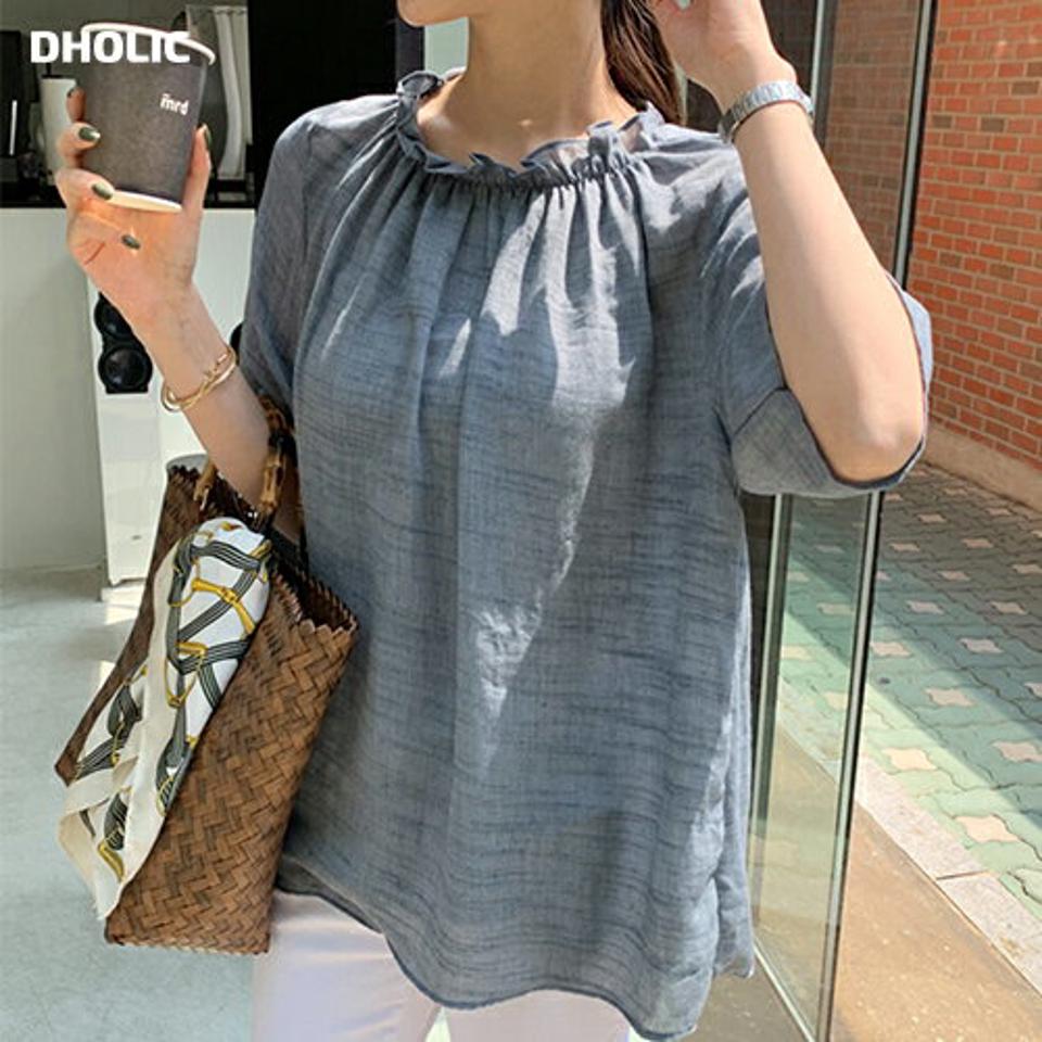 フリルネックブラウス・全4色・t68183 レディース 【bl】【トップス ブラウス 半袖 ハーフスリーブ フリルネック フリル 可愛い かわいい 春 夏 韓国 ファッション】【ハイホリHIHOLLI】