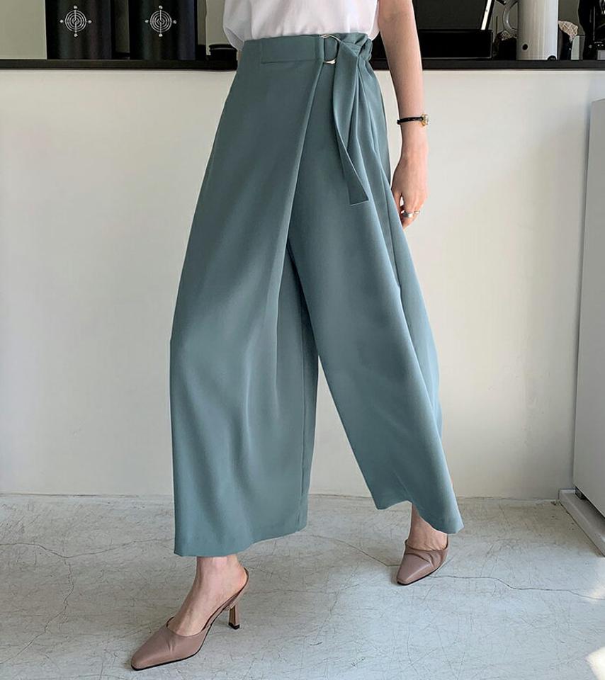 【只今10%OFF】Dリングベルトワイドラップ調パンツ・全4色・b68195 レディース 【pt】【パンツ ズボン ワイドパンツ ロングパンツ ラップパンツ ラップデザイン 単色 大人 カジュアル ラフ スカンツ 春 夏 秋 韓国 ファッション】【ハイホリHIHOLLI】