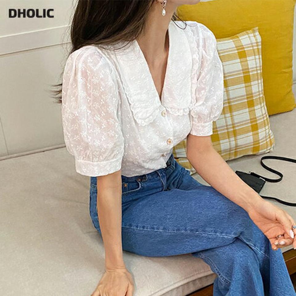 アイレットレースカラーブラウス・全3色・b65306 レディース 【bl】【韓国 ファッション トップス ブラウス 半袖 デコルテ アイレットレース 花柄 フラワー パターン Vネック レース 体型カバー スリム フィット 夏 春】