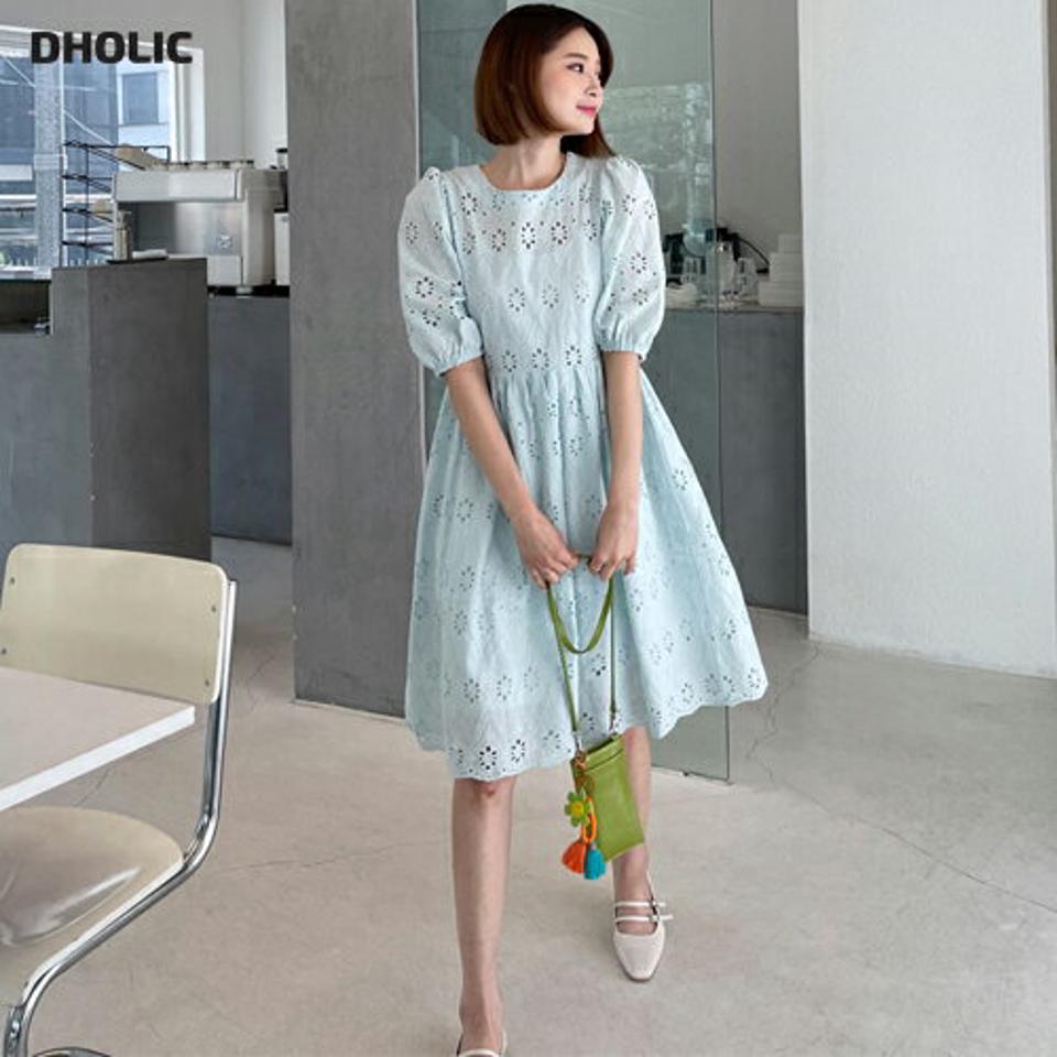 アイレットレースミディワンピース・全3色・e65263 レディース 【ops】【韓国 ファッション ワンピース ミディ ミディワンピース 半袖 アイレット レース 花柄 フラワー パターン フレア 5分丈 パフスリーブ Aライン 体型カバー 細身 フェミニン 夏 春】