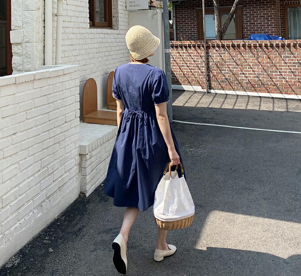 刺繍Vネックパフワンピース・全2色・b65273 レディース 【ops】【韓国 ファッション ワンピース ロング ロングワンピース 半袖 刺繍 Vネック ボリューム ギャザー デコルテ Aライン 体型カバー 細身 フェミニン 夏 春】