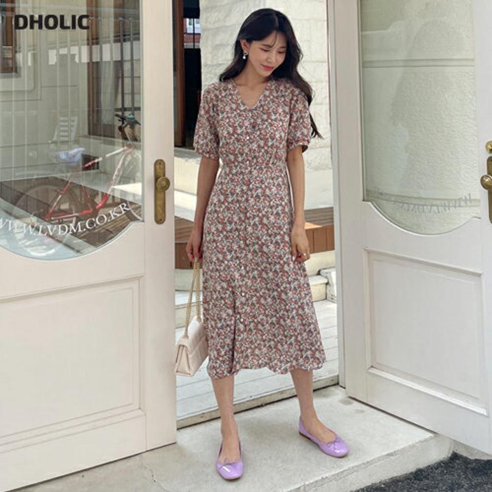 花柄Vネックボタンパターンワンピース・全3色・t65274 レディース 【ops】 韓国 ファッション ワンピース ロング ロングワンピース 半袖 花柄 フェミニン フラワー パターン リボン Aライン Vネック 体型カバー 細身 夏 春