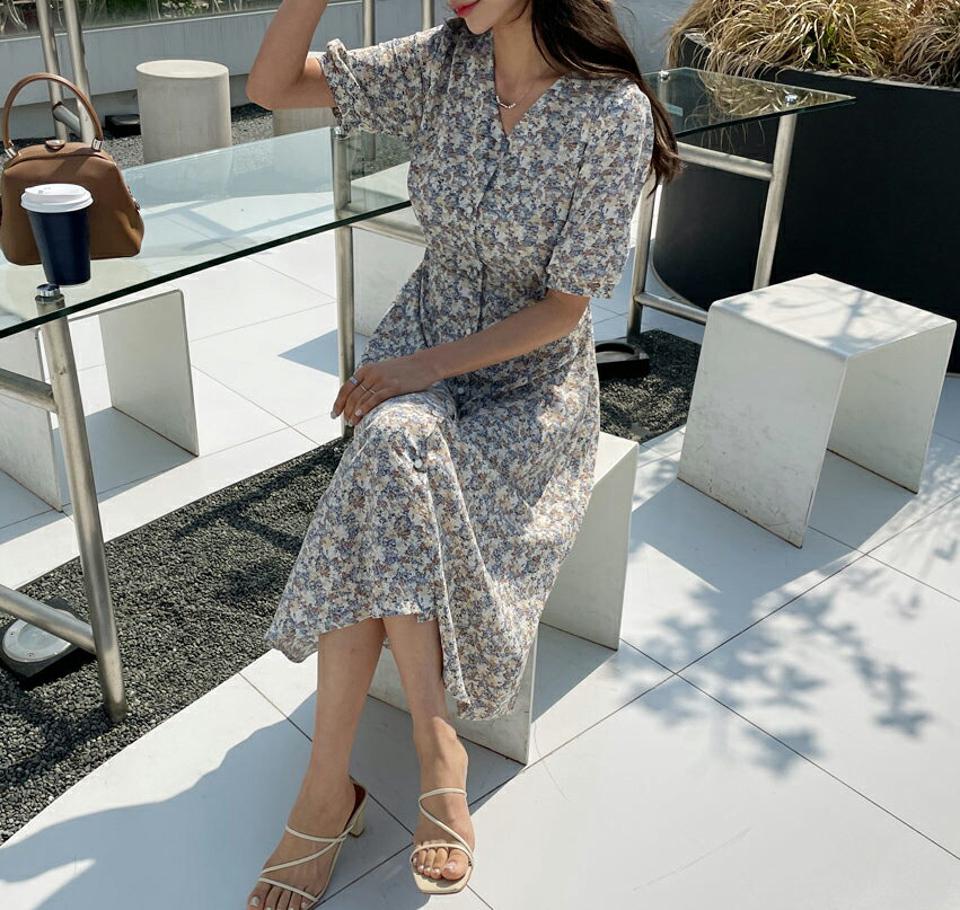 花柄Vネックボタンパターンワンピース・全3色・t65274 レディース 【ops】 韓国 ファッション ワンピース ロング ロングワンピース 半袖 花柄 フェミニン フラワー パターン リボン Aライン Vネック 体型カバー 細身 夏 春