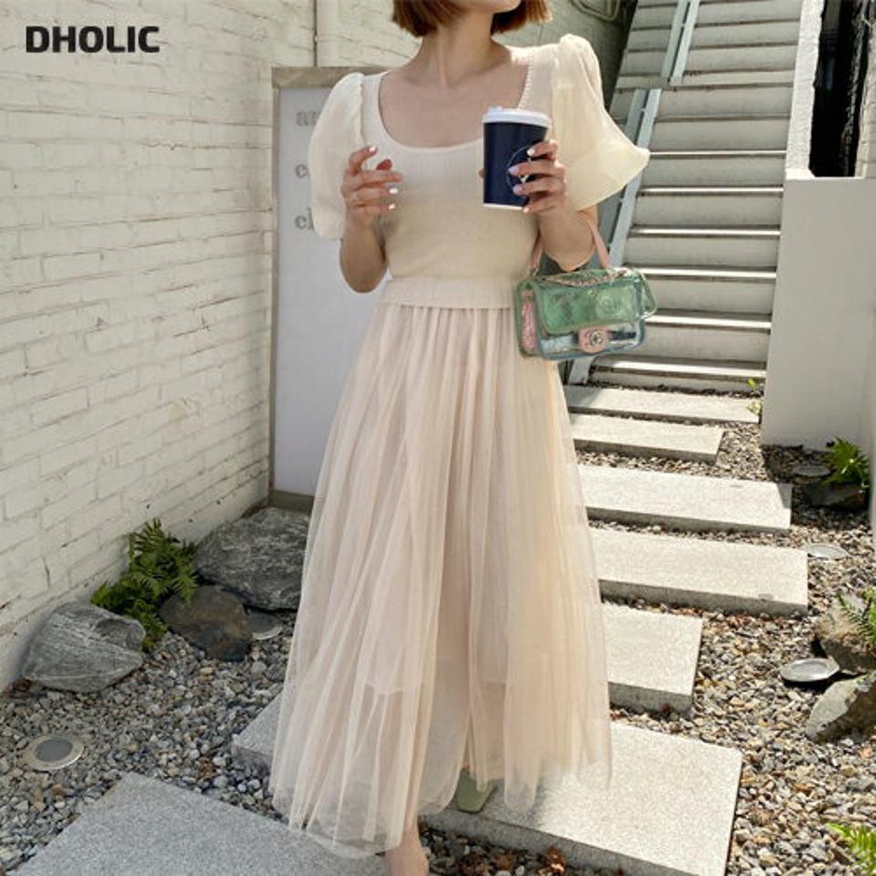 シアー配色ニットワンピース・全3色・t65275 レディース 【ops】【韓国 ファッション ワンピース ロング ロングワンピース 半袖 ニットワンピース シアー 5分丈 パフスリーブ スクエアネック フレア 体型カバー 異素材 夏 春】