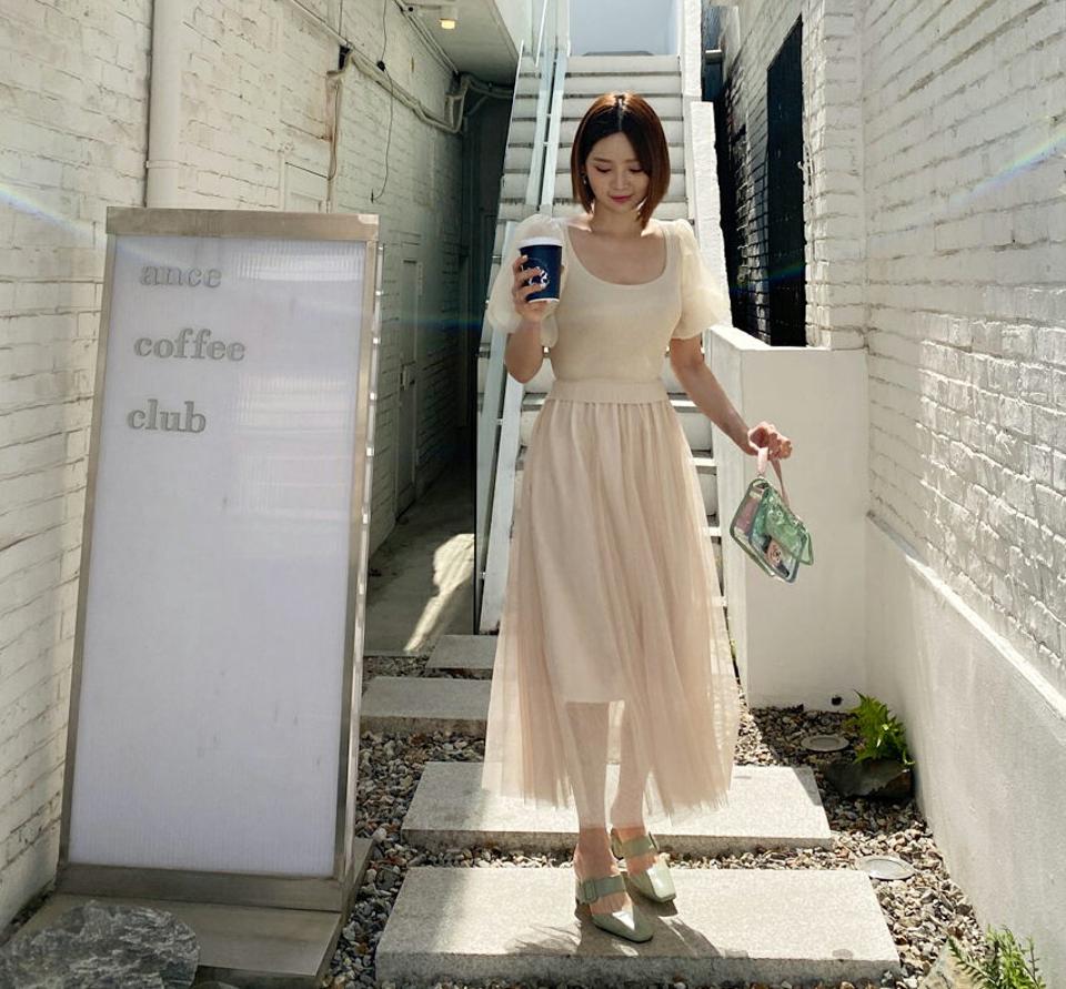 シアー配色ニットワンピース・全3色・t65275 レディース 【ops】【韓国 ファッション ワンピース ロング ロングワンピース 半袖 ニットワンピース シアー 5分丈 パフスリーブ スクエアネック フレア 体型カバー 異素材 夏 春】