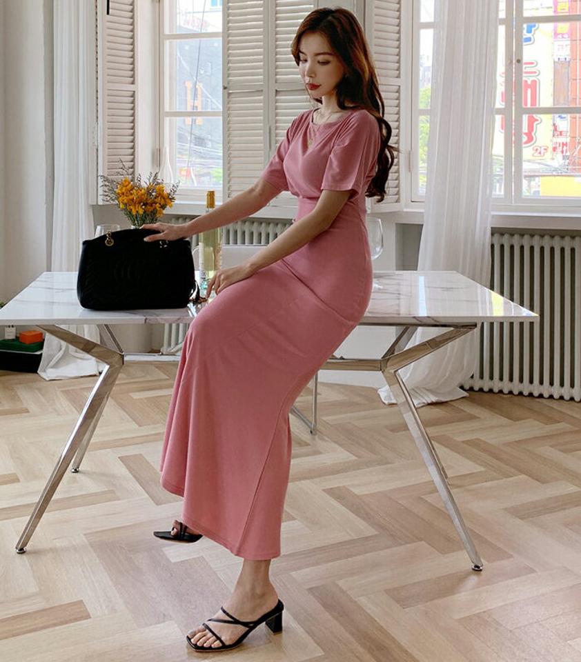 ボートネックスリムワンピース・全2色・t68157 レディース 【ops】 ワンピース ロング ロングワンピース 半袖 ボートネック スリム 単色 無地 シンプル カジュアル きれいめ 春 夏 韓国 ファッション ハイホリHIHOLLI