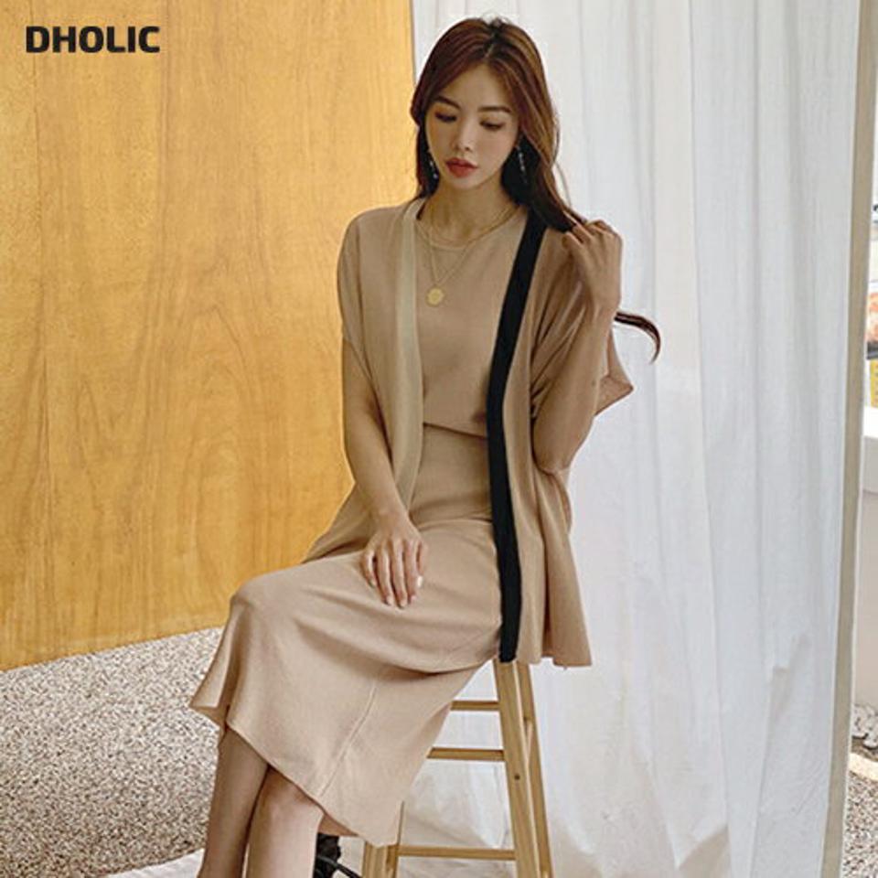 【送料無料】配色ニットカーディガン&ワンピースSET・全2色・t68151 レディース 【cd】【ワンピース カーディガン セット set ニット 配色 半袖 ショートスリーブ カジュアル フレンチスリーブ 春 夏 韓国 ファッション】【ハイホリHIHOLLI】