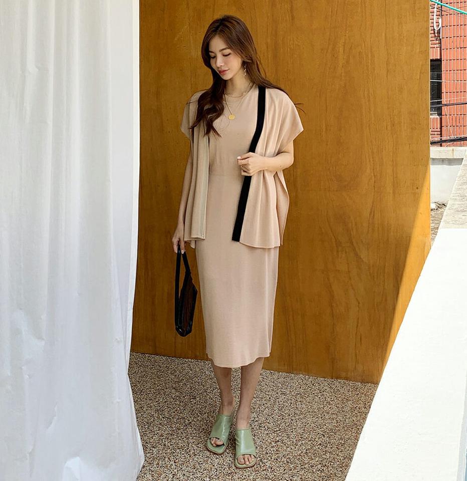 【送料無料】配色ニットカーディガン&ワンピースSET・全2色・t68151 レディース 【cd】【ワンピース カーディガン セット set ニット 配色 半袖 ショートスリーブ カジュアル フレンチスリーブ 春 夏 韓国 ファッション】【ハイホリHIHOLLI】