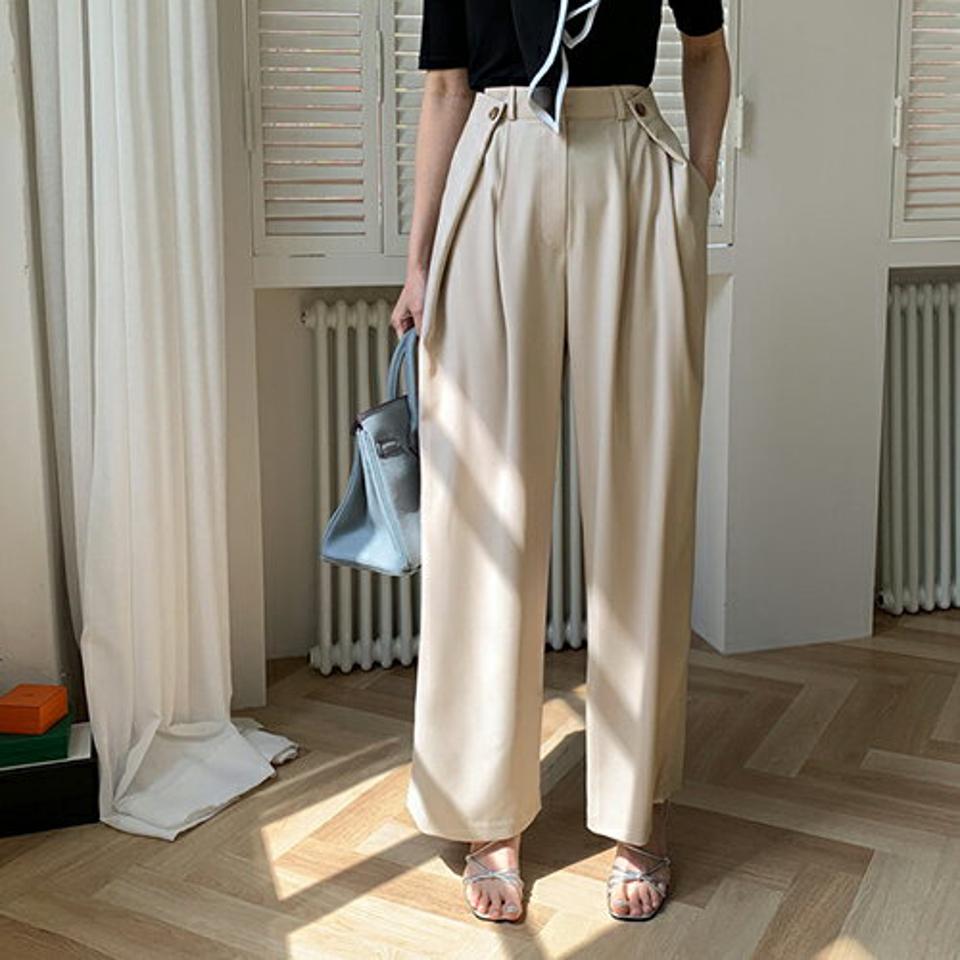 サイドボタンスラックス・全2色・t68162 レディース 【pt】【スラックス パンツ ズボン ロングパンツ 単色 無地 シンプル 大人 カジュアル ピアスタチオ 春 秋 韓国 ファッション】【ハイホリHIHOLLI】