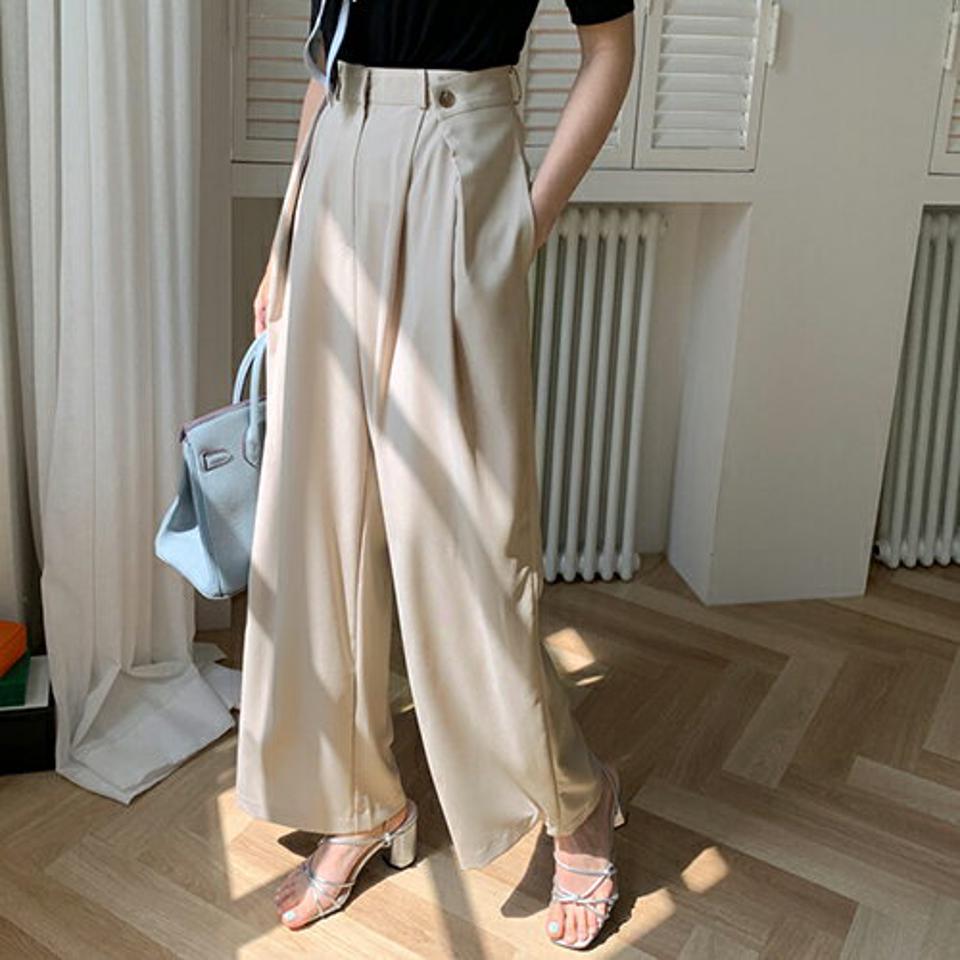 サイドボタンスラックス・全2色・t68162 レディース 【pt】【スラックス パンツ ズボン ロングパンツ 単色 無地 シンプル 大人 カジュアル ピアスタチオ 春 秋 韓国 ファッション】【ハイホリHIHOLLI】