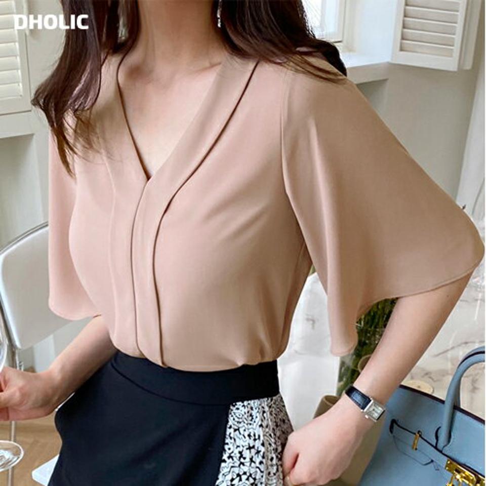 ディテールVネックブラウス・全3色・t68155 レディース 【bl】 トップス ブラウス 半袖 ハーフスリーブ Vネック シフォン 単色 無地 シンプル オフィスカジュアル 春 夏 韓国 ファッション ハイホリHIHOLLI