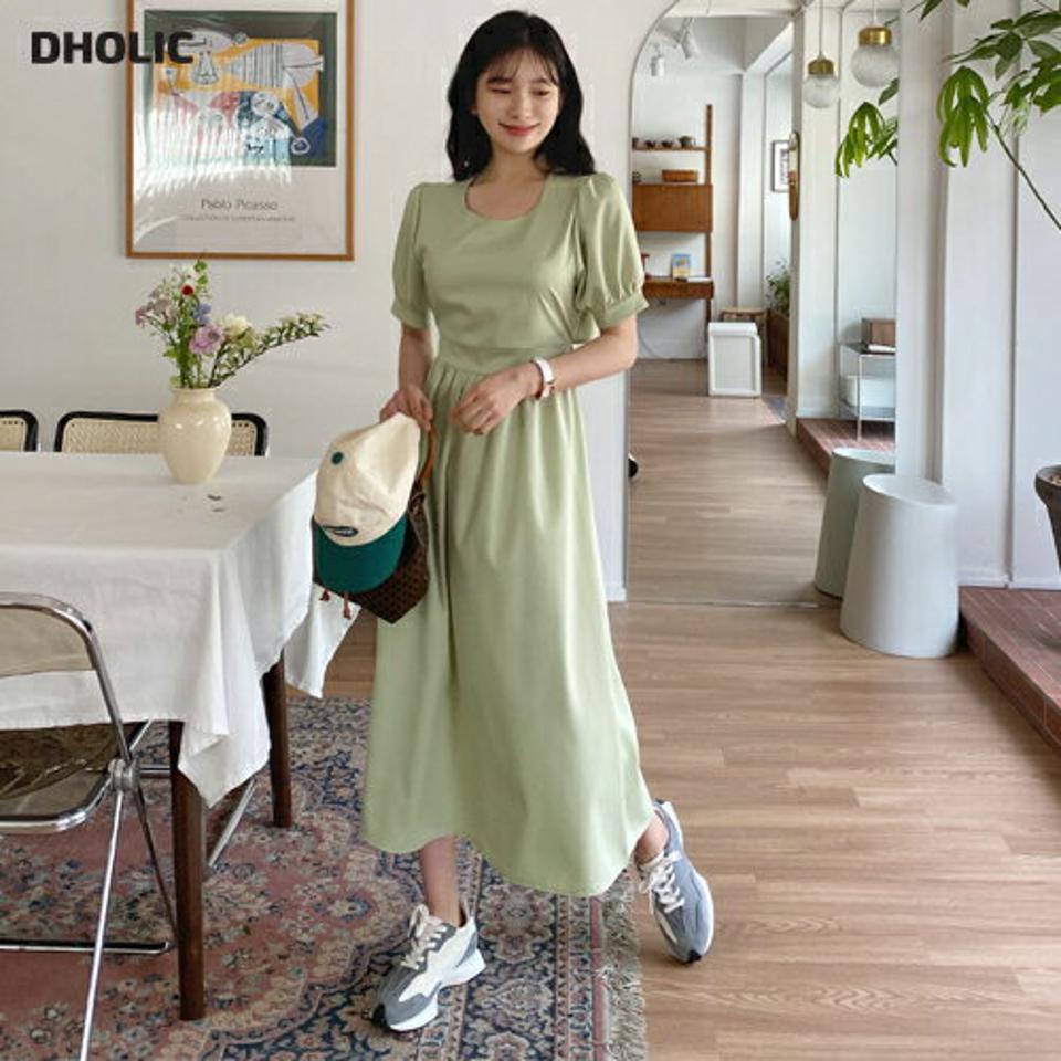 バックスリットボタンワンピース・全3色・t64113 レディース 【ops】【韓国 ファッション ワンピース ロング ロングワンピース 半袖 ラウンドネック ボタン ゴム オープン ボリューム フェミニン 細身 体型カバー 春 夏】【NIJU】