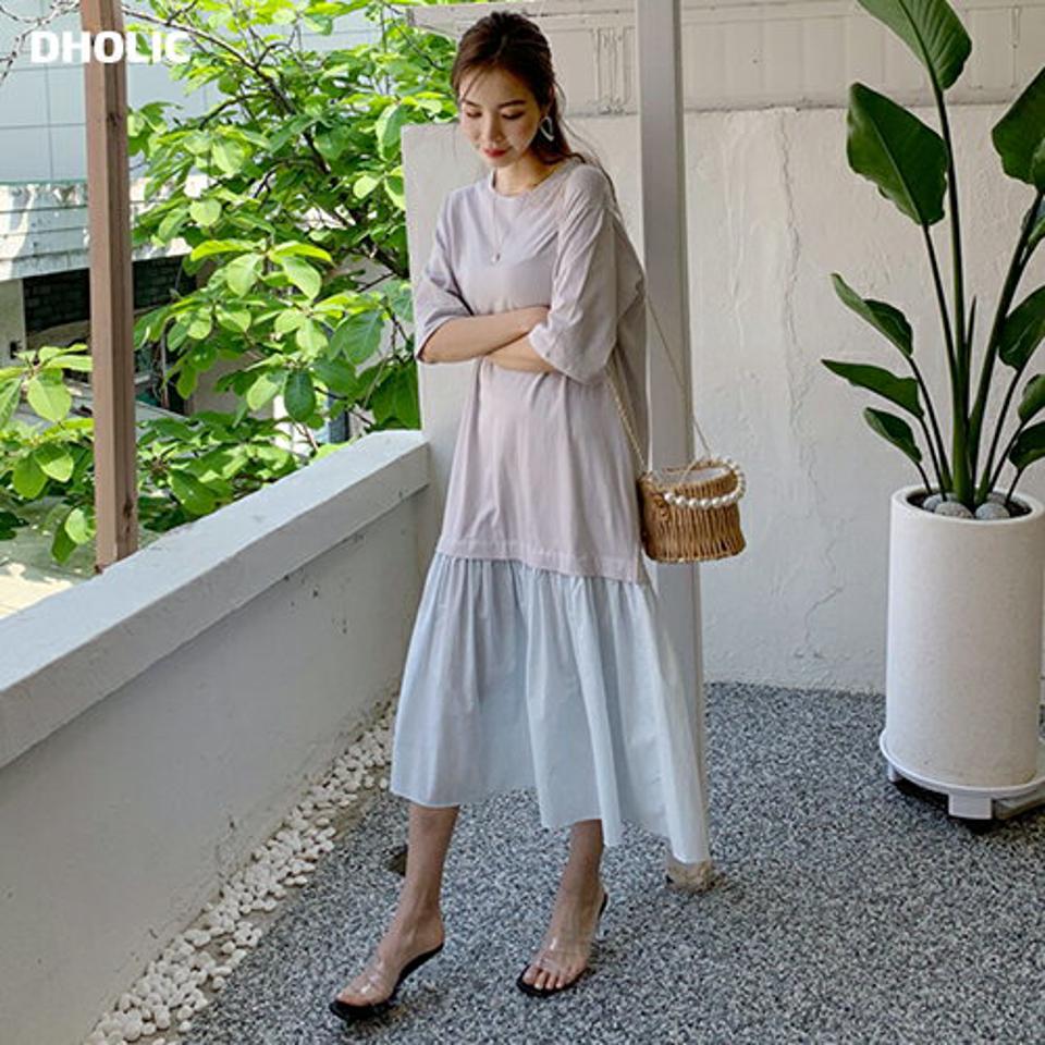 コントラストヘムワンピース・全2色・t68153 レディース 【ops】【ワンピース ロング ロングワンピース コントラスト 異素材 フレア Hライン 七分丈 七分袖 7分丈 7分袖 シンプル フェミニン かわいい 春 夏 韓国 ファッション】【ハイホリHIHOLLI】