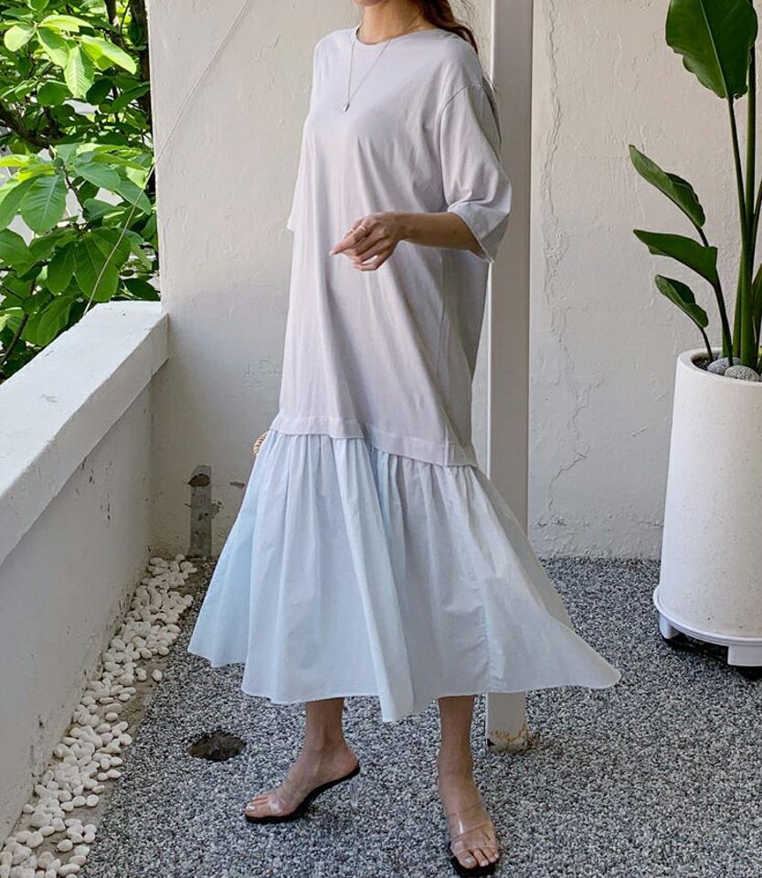 コントラストヘムワンピース・全2色・t68153 レディース 【ops】【ワンピース ロング ロングワンピース コントラスト 異素材 フレア Hライン 七分丈 七分袖 7分丈 7分袖 シンプル フェミニン かわいい 春 夏 韓国 ファッション】【ハイホリHIHOLLI】