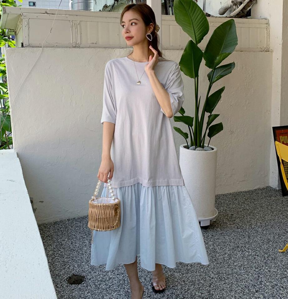 コントラストヘムワンピース・全2色・t68153 レディース 【ops】【ワンピース ロング ロングワンピース コントラスト 異素材 フレア Hライン 七分丈 七分袖 7分丈 7分袖 シンプル フェミニン かわいい 春 夏 韓国 ファッション】【ハイホリHIHOLLI】