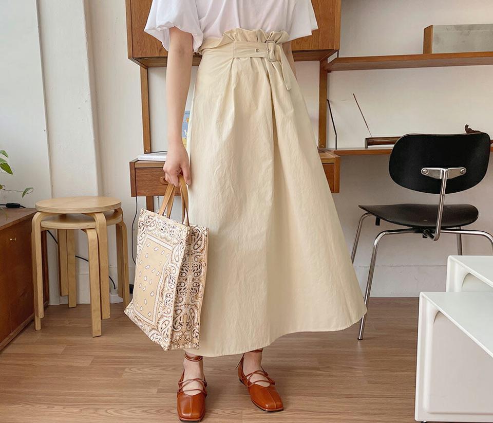 ベルトポケットスカート・全3色・t64040 レディース 【sk】【韓国 ファッション ボトムス スカート ロング ロングスカート ウエストゴム ベルト フィット Aライン フェミニン カジュアル デイリー 体型カバー 細身 春 夏】【NIJU】