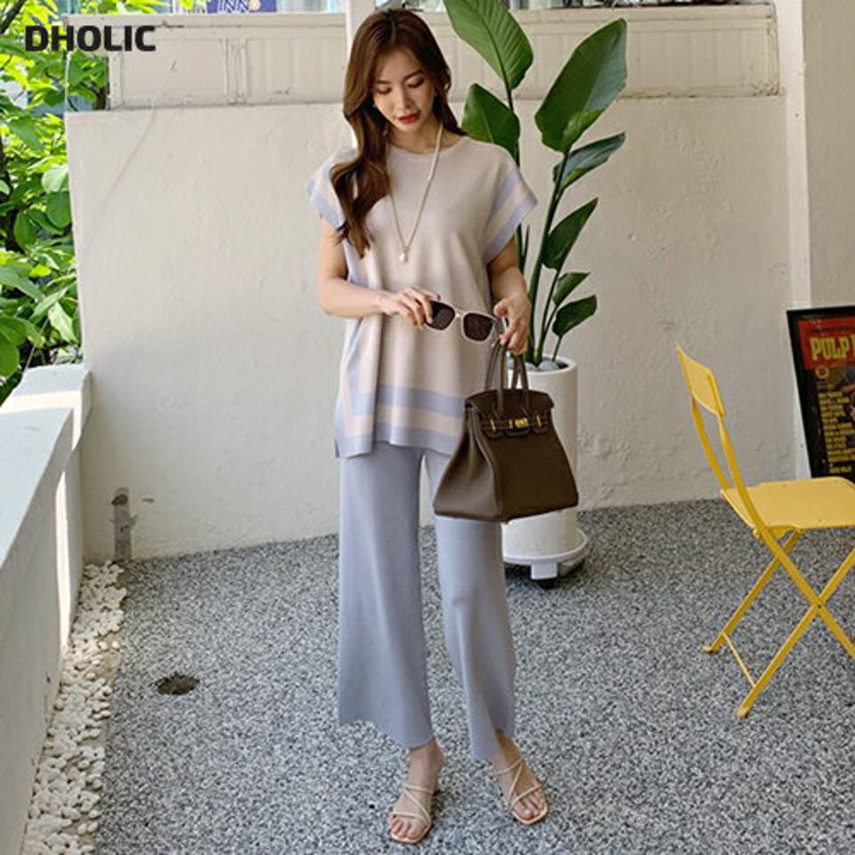 配色ニット&パンツSET・全2色・b68156 レディース 【pt】【セットアップ setup トップス フレンチスリーブ ショートスリーブ パンツ ズボン ロングパンツ 配色 カジュアル 大人 春 夏 韓国 ファッション】【ハイホリHIHOLLI】