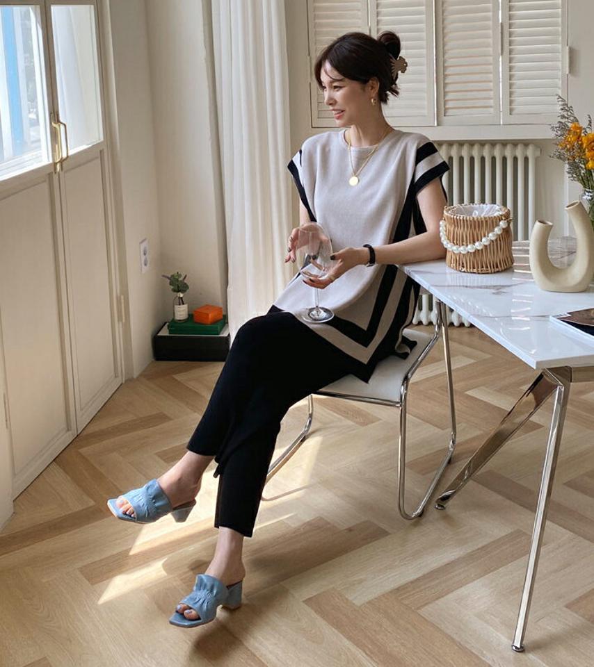 配色ニット&パンツSET・全2色・b68156 レディース 【pt】【セットアップ setup トップス フレンチスリーブ ショートスリーブ パンツ ズボン ロングパンツ 配色 カジュアル 大人 春 夏 韓国 ファッション】【ハイホリHIHOLLI】